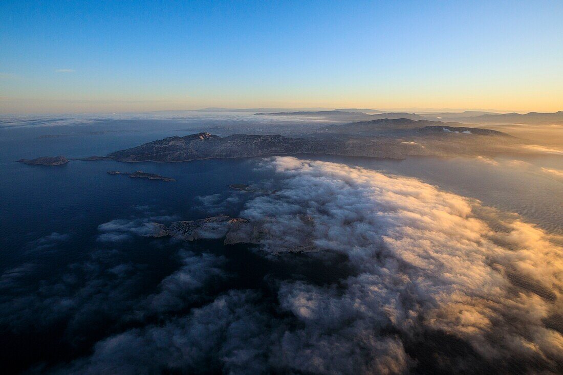 France, Bouches du Rhone, Calanques National Park, Marseille, Riou Archipelago Nature Reserve, Riou Island, city center in the background (aerial view)