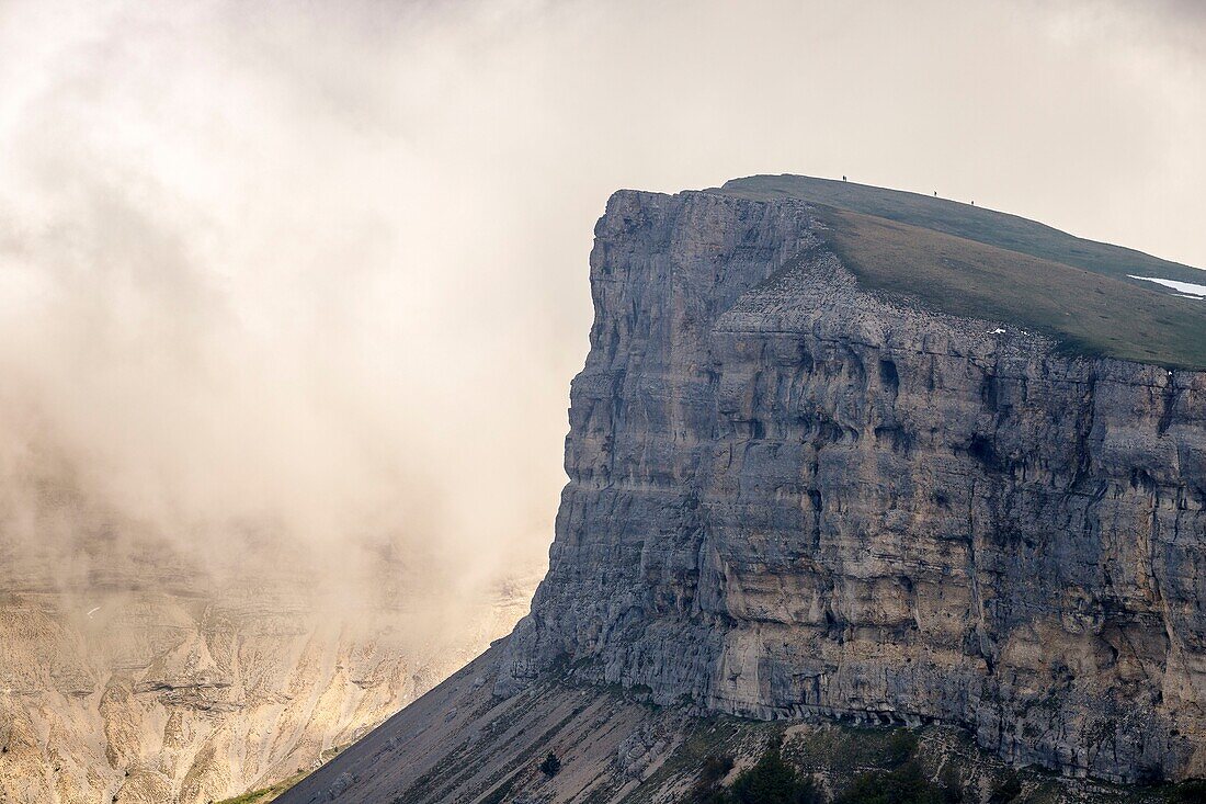 France, Drome, Vercors Regional Natural Park, hikers on the cliffs of the plateau of Font d'Urle