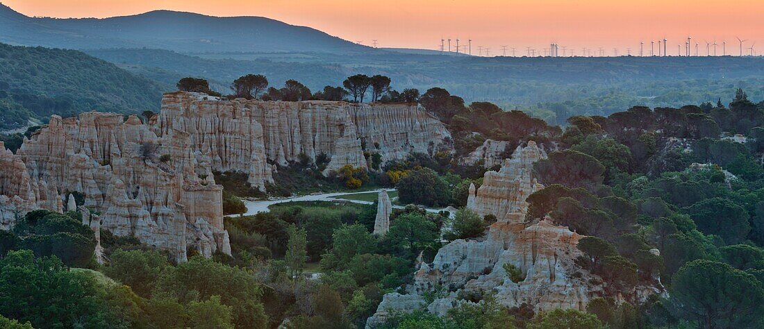 France, Pyrenees Orientales, Ille-sur-Tet, Les Orgues, overview of the site at sunrise