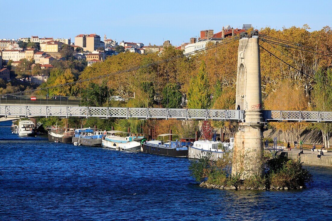 France, Rhone, Lyon, 6th district, the bridge of the College on the Rhone, Brotteaux district, Quai Général Sarrail, historical site classified World Heritage of UNESCO in background