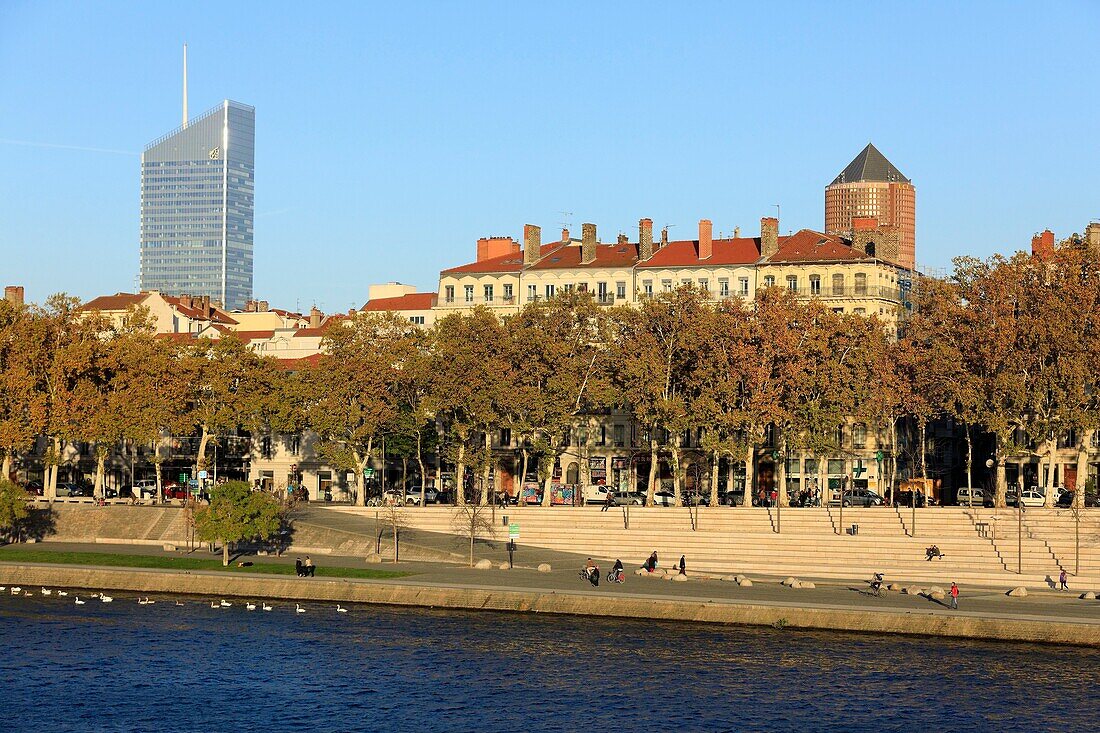 France, Rhône, Lyon, 3rd arrondissement, La Guillotière district, Victor Augagneur quay, UNESCO World Heritage Site, Incity tower and LCL Part Dieu tower in the background