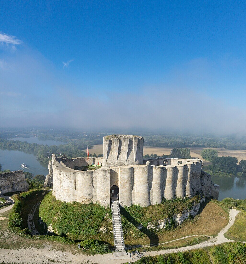 France, Eure, Les Andelys, Chateau Gaillard, 12th century fortress built by Richard Coeur de Lion, Seine valley (aerial view)