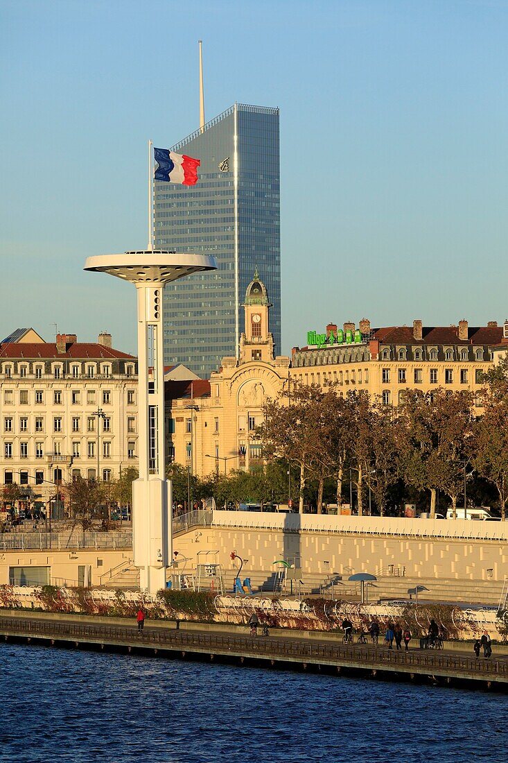 France, Rhône, Lyon, 7th district, La Guillotière district, Karen Blixen riverbank on the Rhone, Tony Bertrand Nautical Center, Incity tower and Mutualité palace in the background