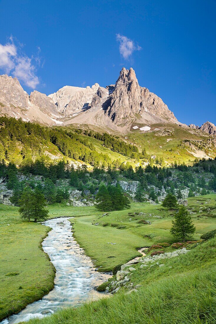Frankreich, Hautes Alpes, Nevache, La Claree Tal, la Claree Fluss mit im Hintergrund das Massiv von Cerces (3093m) und die Gipfel des Main de Crepin (2942m)