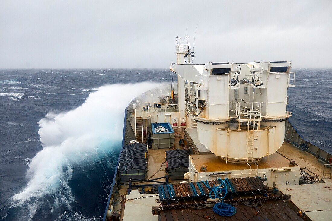 France, French Southern and Antarctic Territories (TAAF), storm aboard the Marion Dufresne (supply ship of French Southern and Antarctic Territories) underway from Kerguelen Islands to Amsterdam Island