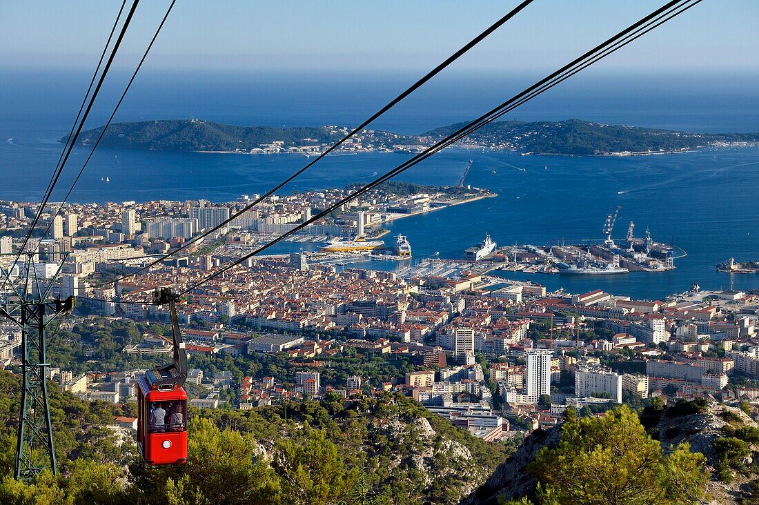 France, Var, Toulon, the Rade (Roadstead), cable car from the Mont Faron, the dry docks of the Grands Bassins Vauban from the naval base (Arsenal) and the peninsula of Saint Mandrier in the background