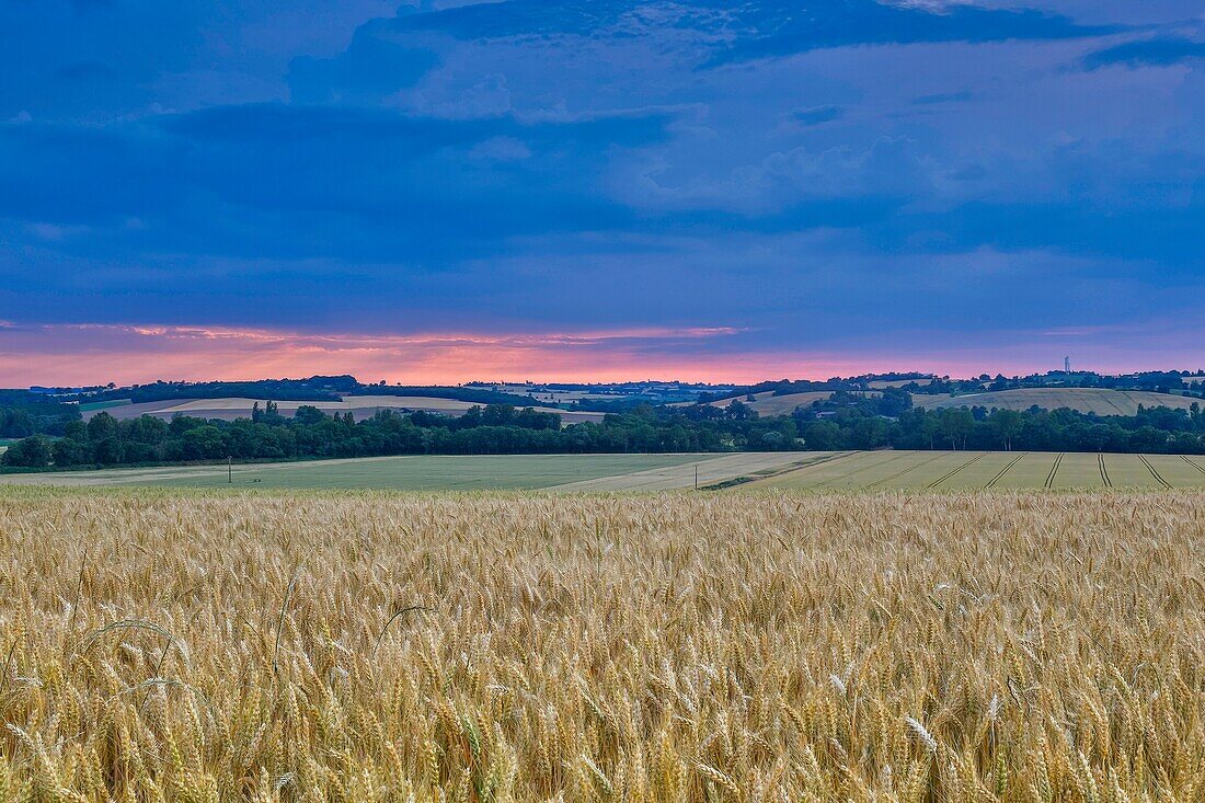 Frankreich, Gers, Endoufielle, Ackerland an den Hängen des Gers unter einem stürmischen Himmel