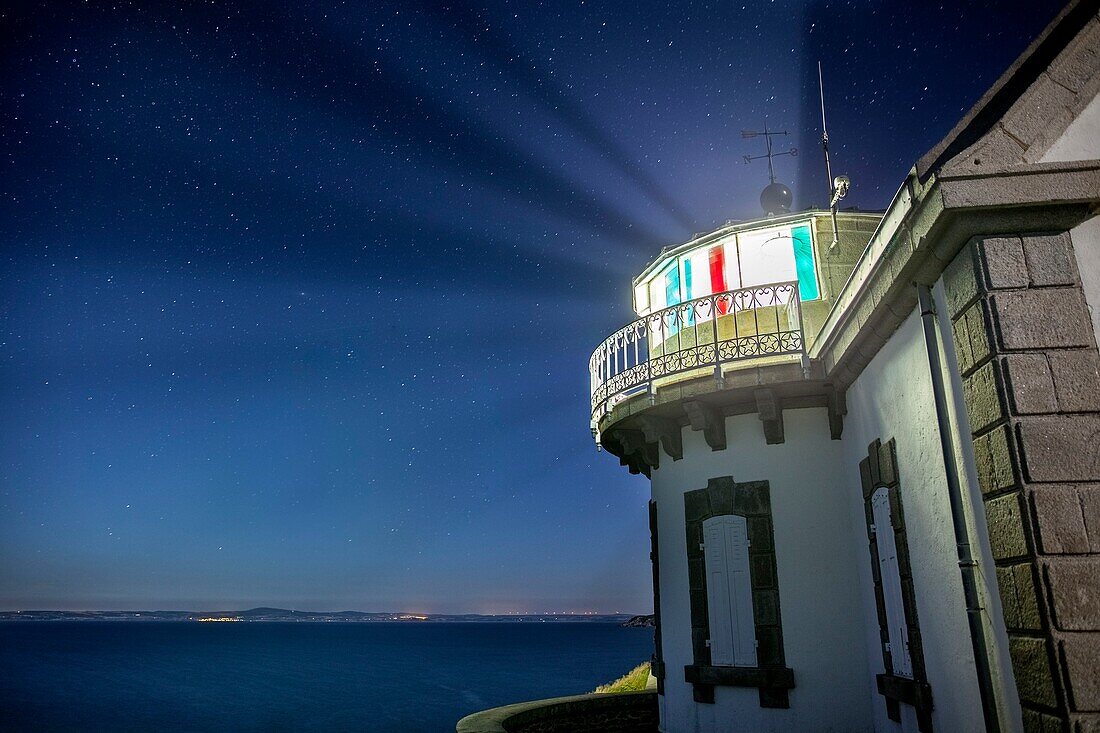 France, Finistere, Cap Sizun, Pointe du Millier, The Millier lighthouse light rays, Great National Location