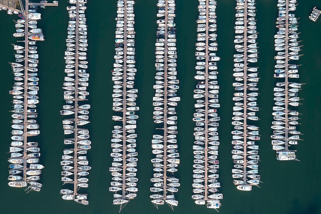 France, Morbihan, La Trinite sur Mer, the pontoon of the marina (aerial view)