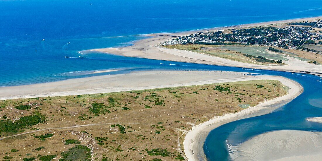 France, Manche, Portbail, the channel and la Plage village (aerial view)
