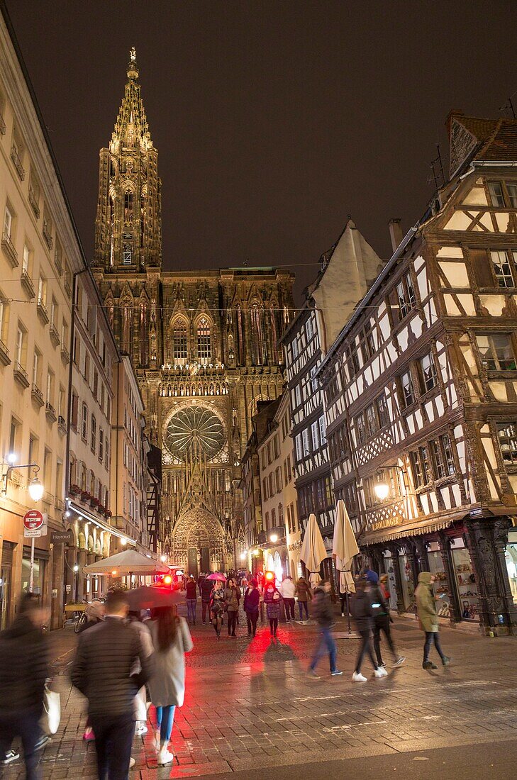 France, Bas Rhin, Strasbourg, old city listed on UNESCO World Heritage list, Mercière street and the cathedral