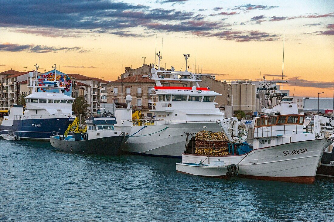 Frankreich, Herault, Sete, Flottille von Thunfischbooten an einem Kai