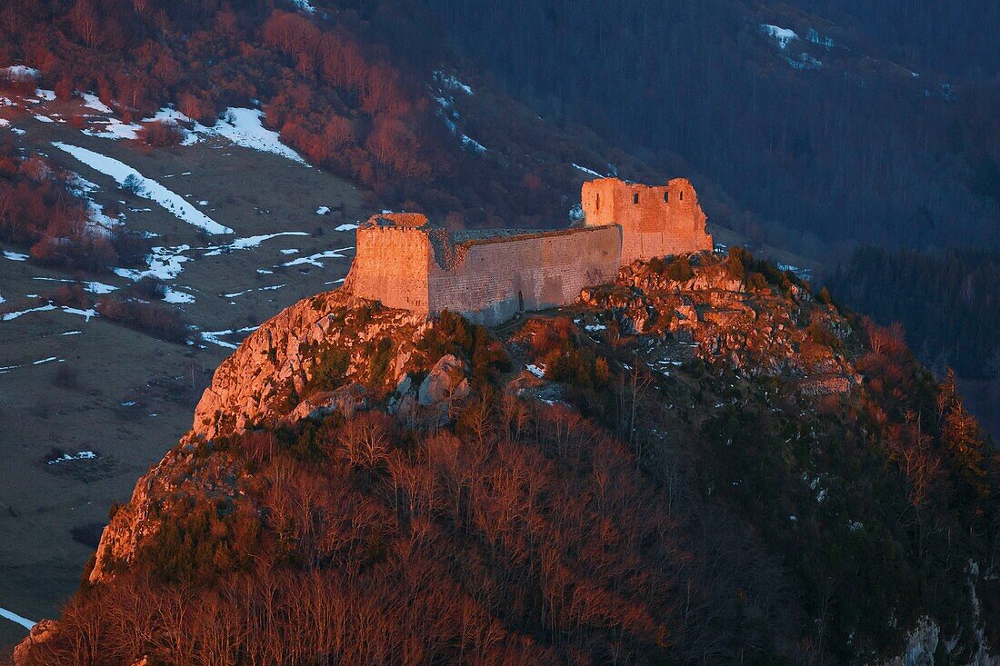 France, Pyrenees, Ariege, Lavelanet, Montsegur, aerial view of the castle of Montsegur at sunrise