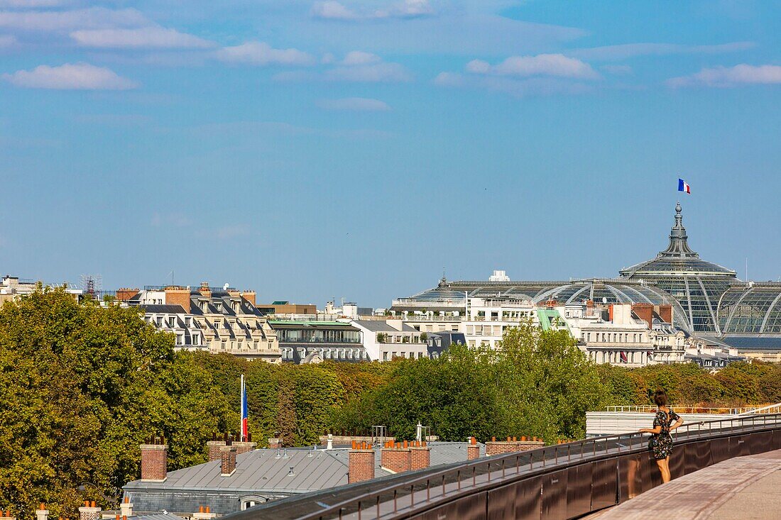 France, Paris, the terrace of the Quai Branly museum, general view with the Grand Palais