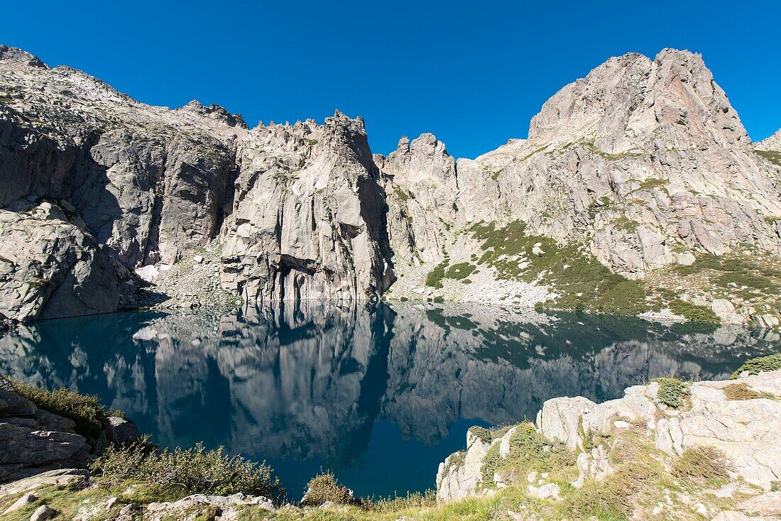 Frankreich, Haute Corse, Corte, Restonica-Tal, Regionaler Naturpark mit Blick auf den Capitello-See und die Spitze der 7 Seen und Capitello
