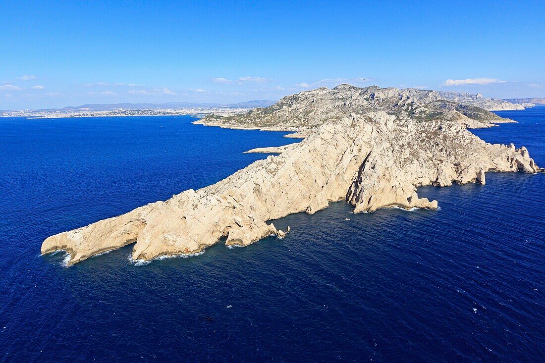 France, Bouches du Rhone, Calanques National Park, Marseille, 8th arrondissement, Maire Island (aerial view)