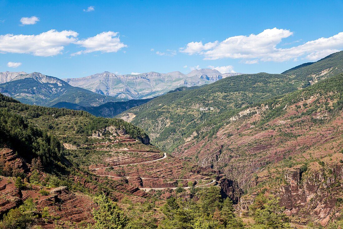 Frankreich, Alpes Maritimes, Nationalpark Mercantour, Tal des Haut Var, Departementstraße D2202 und D88 in den roten Pelitfelsen der Daluis-Schlucht gegraben