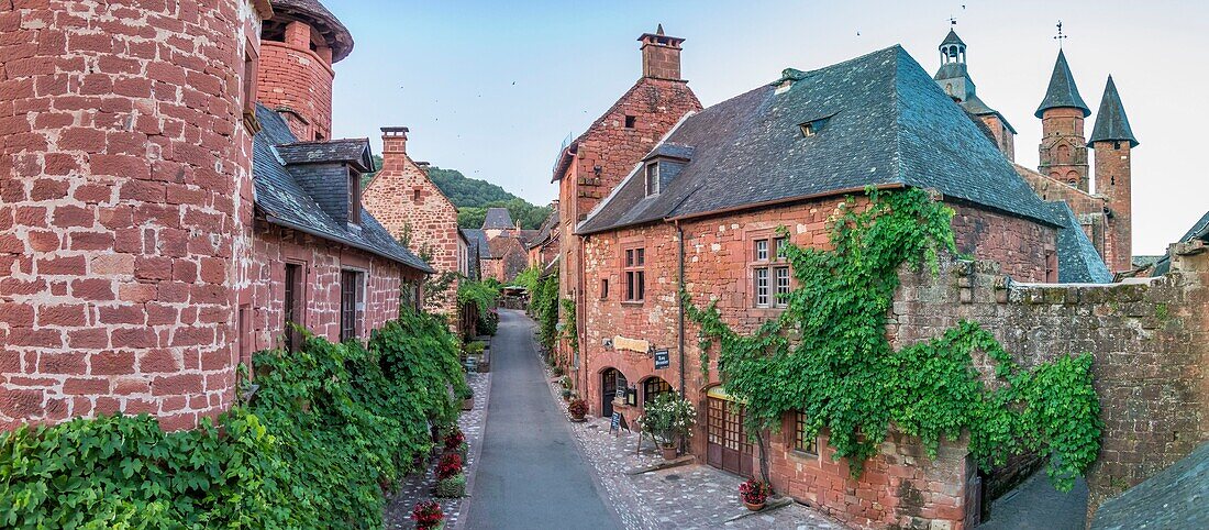 France, Correze, Dordogne Valley, Collonges la Rouge, labelled Les Plus Beaux Villages de France (The Most Beautiful Villages of France), village built in red sandstone, bell tower Saint Pierre church