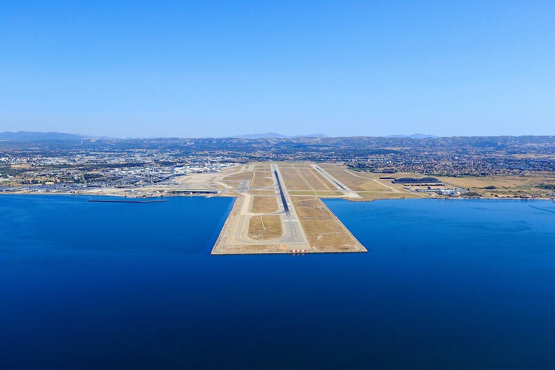 France, Bouches du Rhone, Marignane, Marseille Provence airport, Etang de Berre (aerial view)