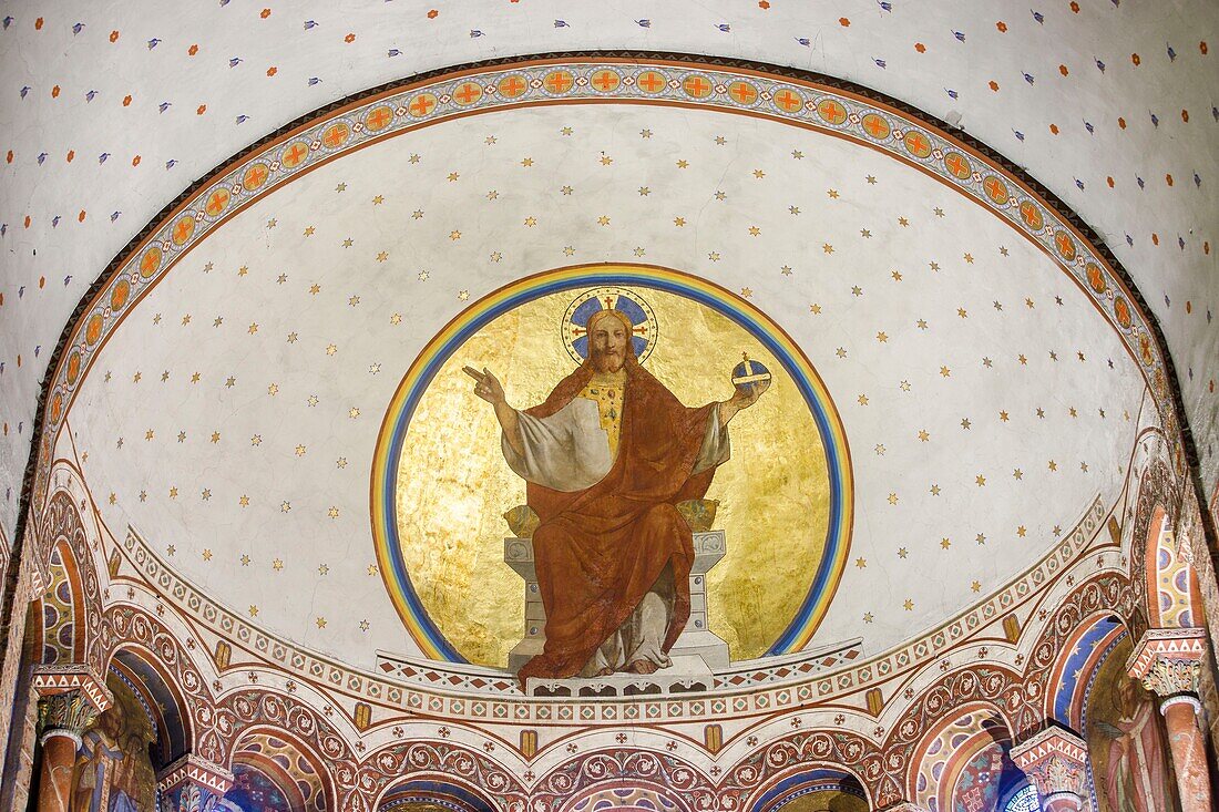 France, Puy de Dome, Issoire, roman abbey Saint Austremoine of the twelfth century, the vault of the choir decorated with a Christ, Master of the universe