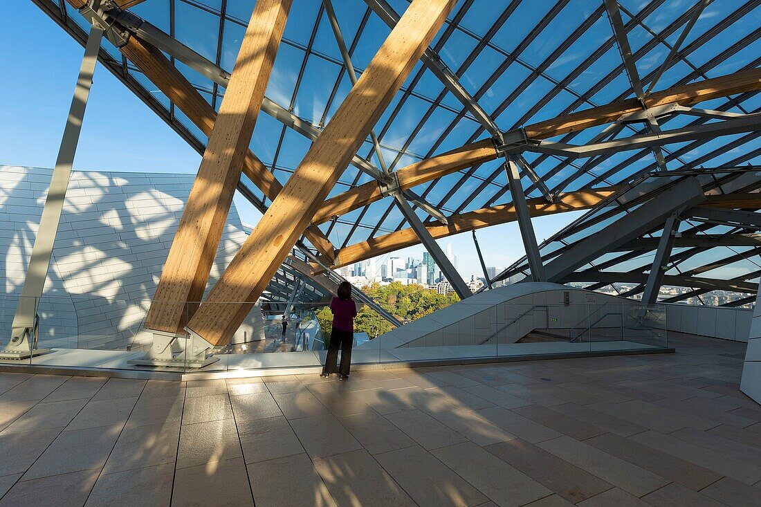 France, Paris, Bois de Boulogne, Fondation Louis Vuitton by Frank Gehry, buildings of La Defense district and Jardin d'aclimatation (Aclimatation public garden) in the Bois de Boulogne