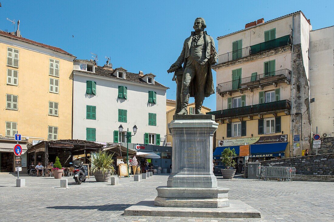 France, Haute Corse, Corte, the place and the Pascal Paoli statue at the bottom of the old town