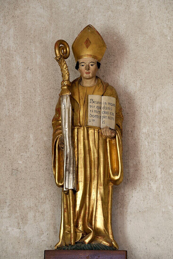 France, Jura, Saint Lothain, church dated 10th century, statue of Saint Lothain, above his shrine