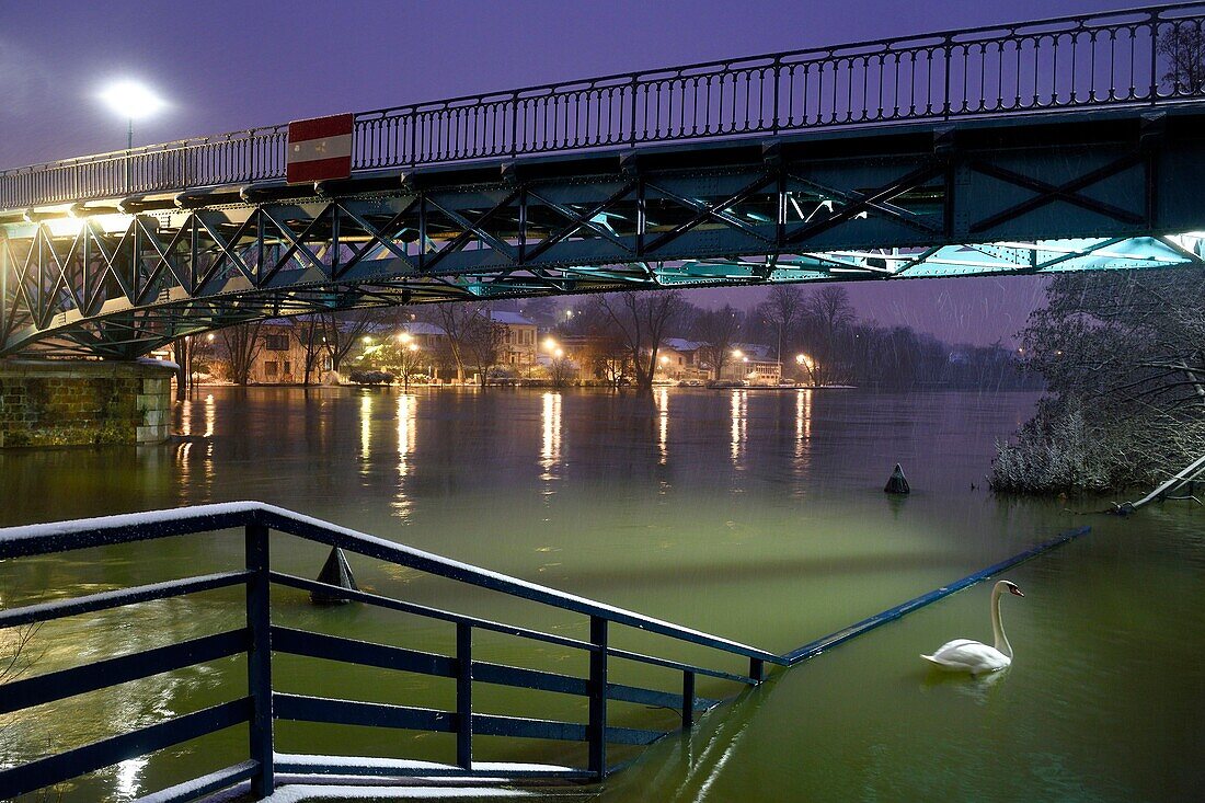 Frankreich, Val de Marne, Bry sur Marne, die von Gustave Eiffel erbaute Fußgängerbrücke zwischen Bry sur Marne und Le Perreux sur Marne im Hintergrund, die Ufer der Marne überflutet