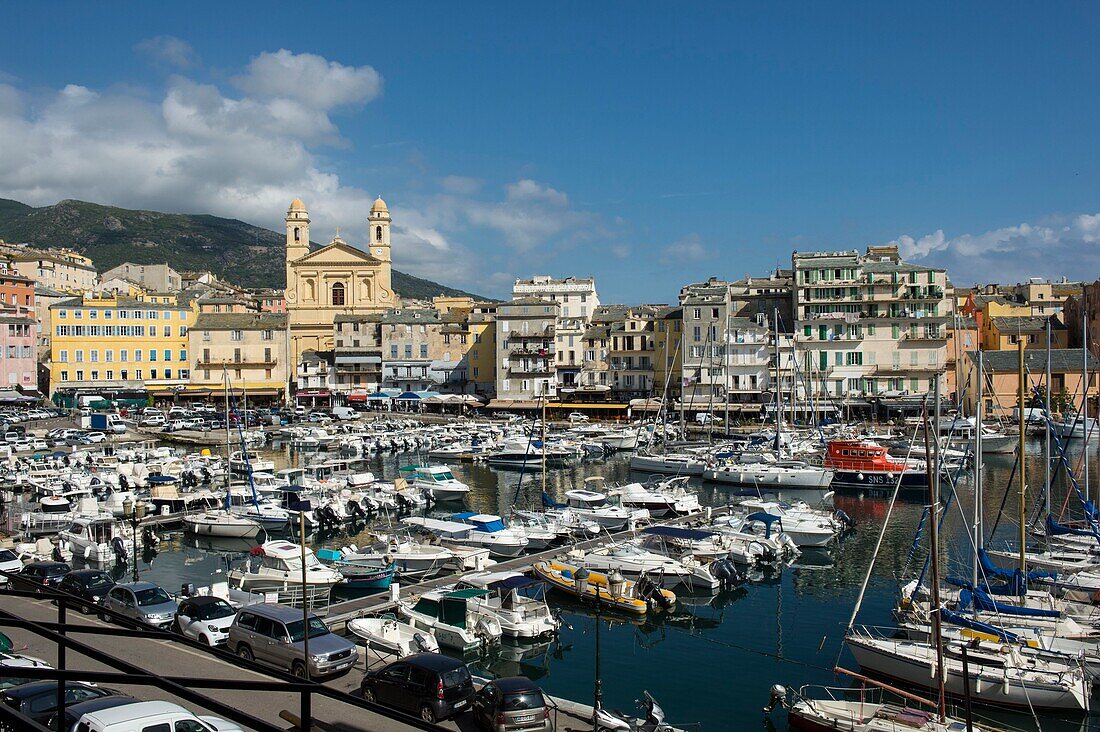 Frankreich, Haute Corse, Bastia, der alte Hafen, die Ausflugsboote und die Altstadt mit der Kirche Saint Jean Baptiste