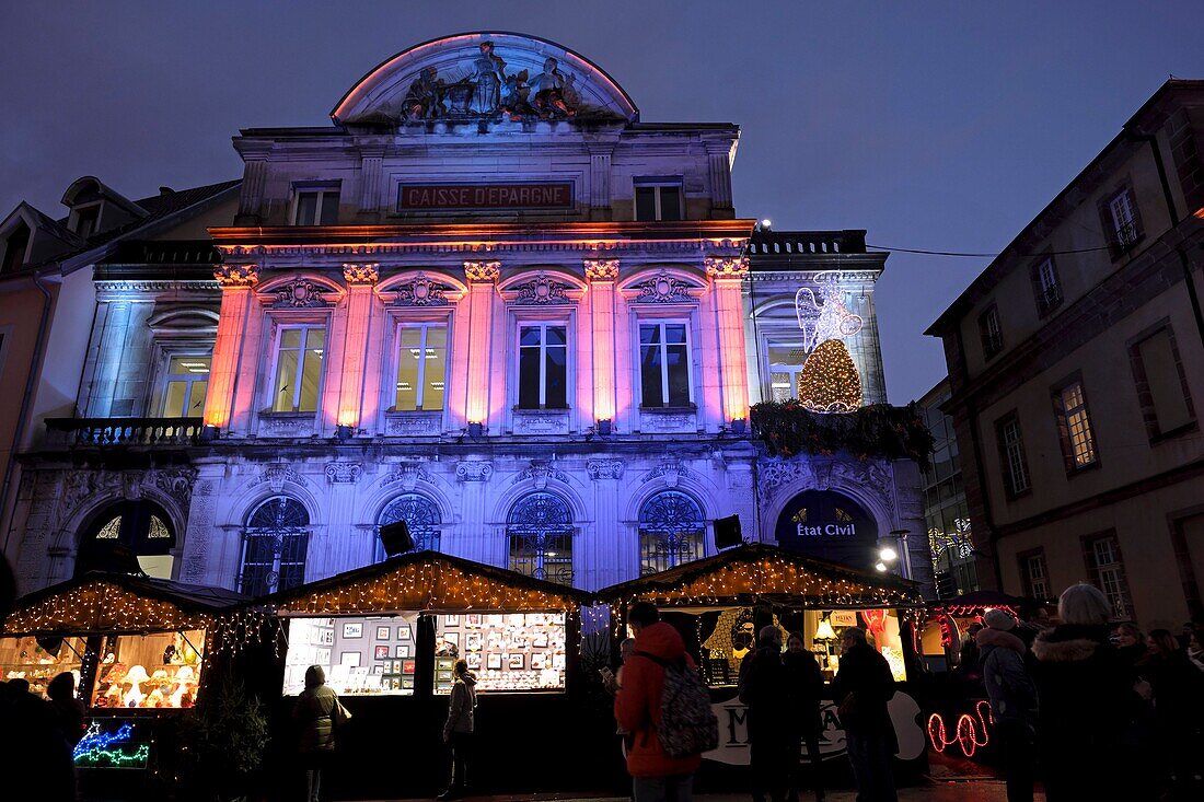 France, Doubs, Montbeliard, Place Saint Martin, Caisse d'Epargne built in 1900, Christmas market, illuminations