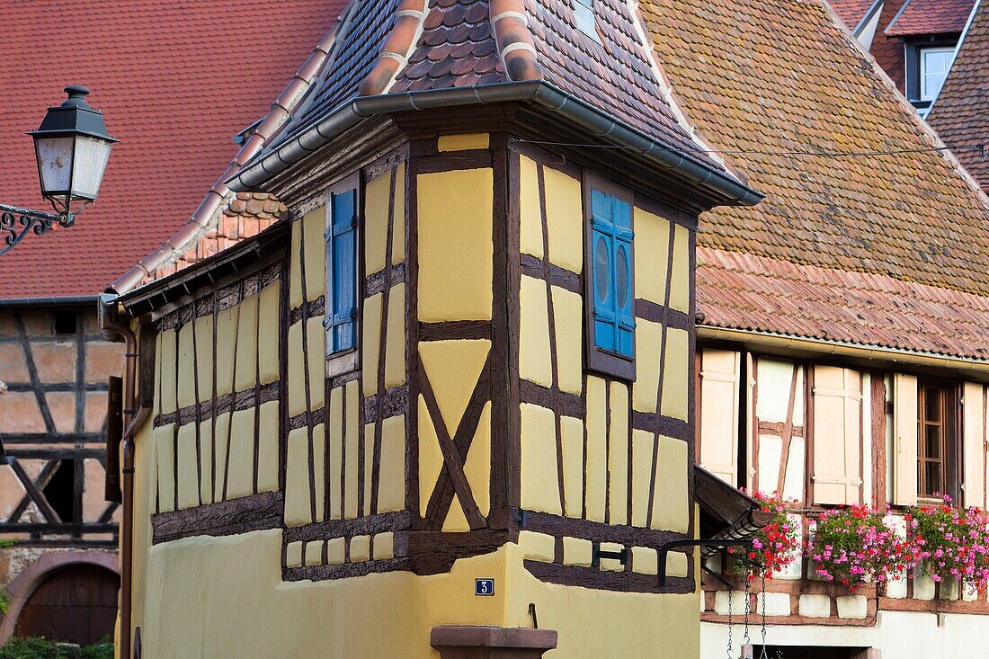 France, Haut Rhin, Route des Vins d'Alsace, Eguisheim labelled Les Plus Beaux Villages de France (One of the Most Beautiful Villages of France), Unterlinden courtayrd, facade of Joseph Freudenreich wine cellar