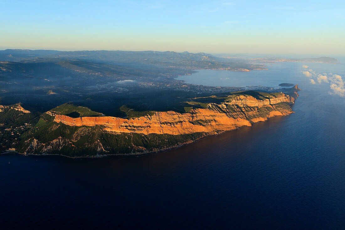 France, Bouches du Rhone, Calanques National Park, Cassis, Cassis Bay, Cap Canaille, Soubeyranes Cliffs (aerial view)