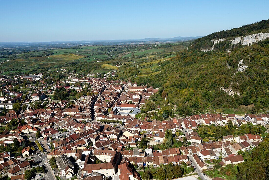 France, Jura, Poligny, view of the city and the remote Poligny, since the Croix du Dan, gazebo