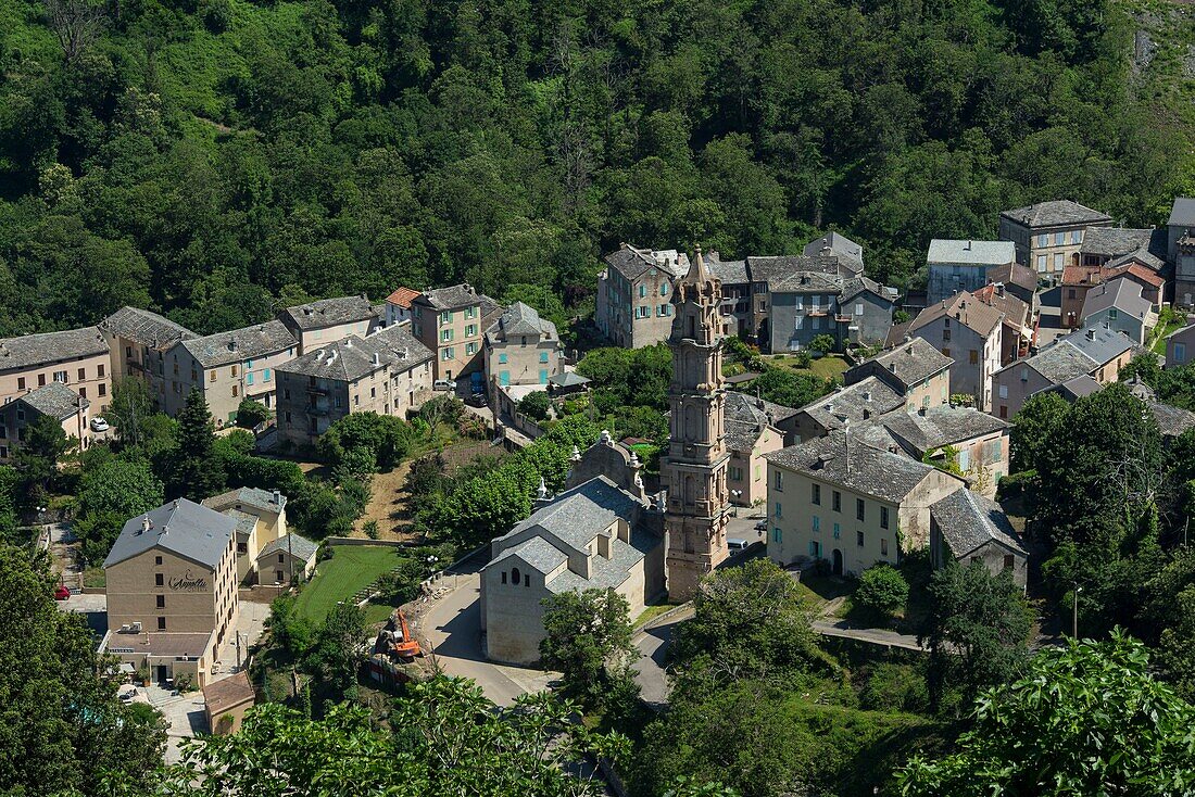 France, Haute Corse, Castanicia, regional natural park, general view overlooking the village of Porta from Quercitello