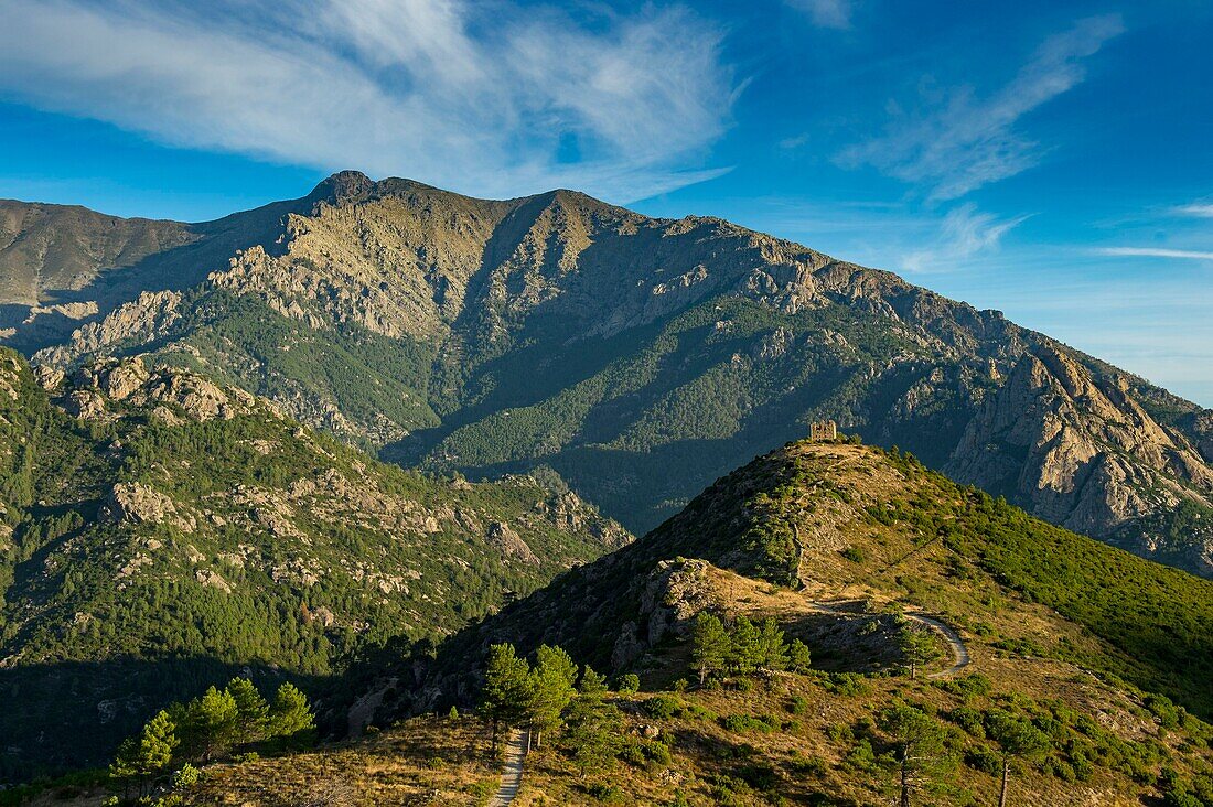 France, Haute Corse, Vivario, on the N193 above the village, view on the fort of Pasciolo and the tip of Cervello