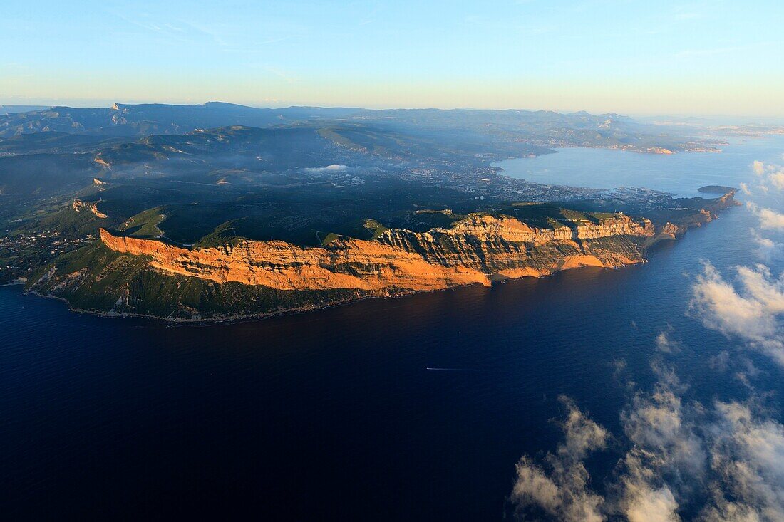 France, Bouches du Rhone, Calanques National Park, Cassis, Cassis Bay, Cap Canaille, Soubeyranes Cliffs (aerial view)