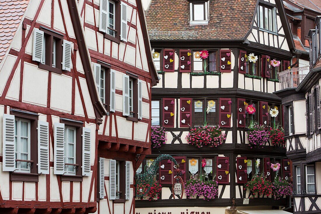 France, Haut Rhin, Route des Vins d'Alsace, Colmar, facade of a traditional house hosting the shop Aux Vieux Pignons located in Marchands Street