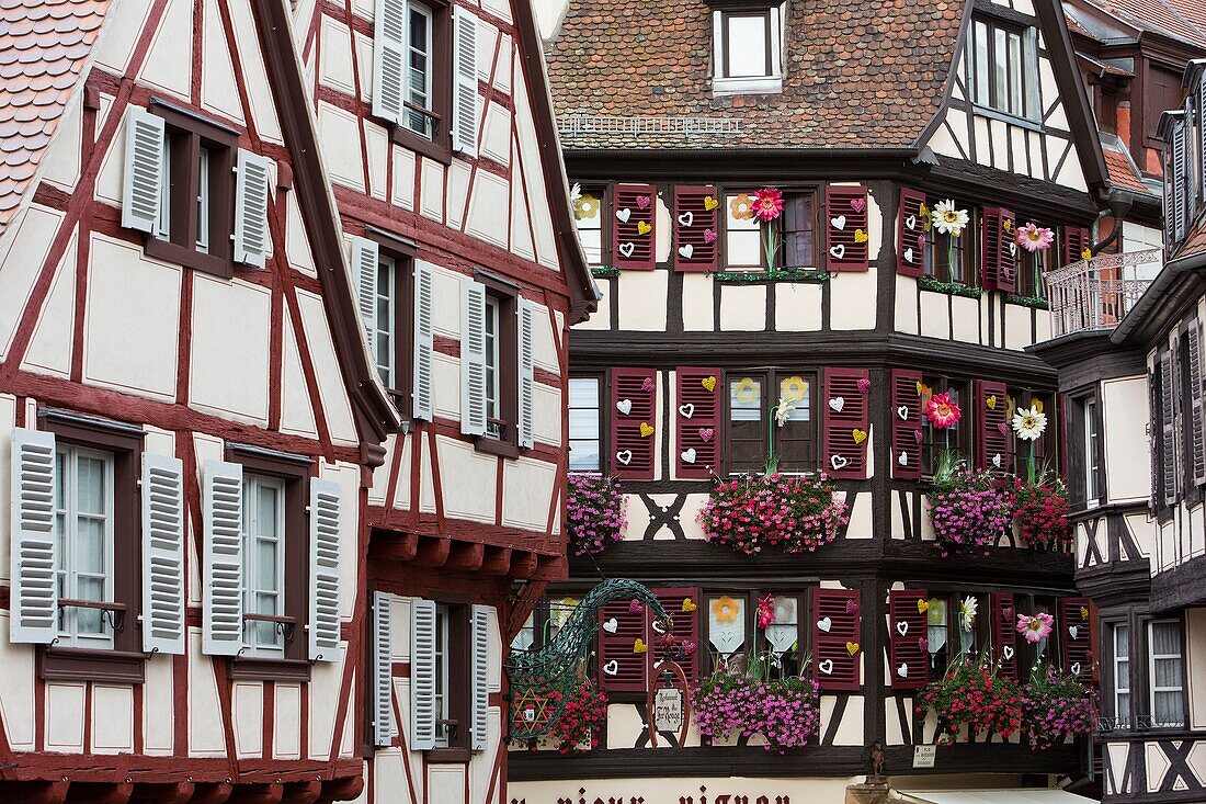 Frankreich, Haut Rhin, Route des Vins d'Alsace, Colmar, Fassade eines traditionellen Hauses mit dem Geschäft Aux Vieux Pignons in der Straße Marchands