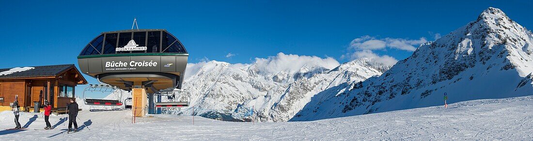 Frankreich, Haute Savoie, Massiv des Mont Blanc, die Contamines Montjoie, das Panorama an der Spitze des neuen Sessellifts von Buches und die Gipfel des Massivs des Mont Blanc