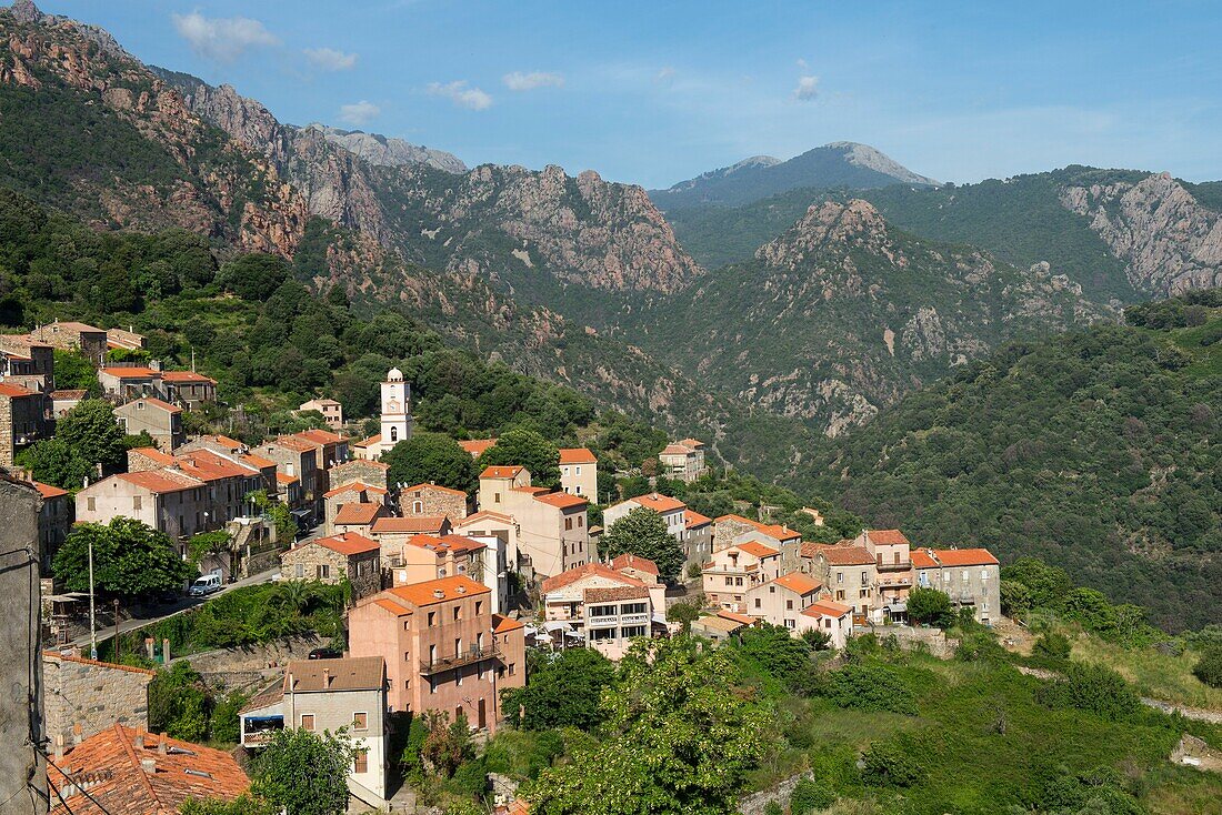 France, Corse du Sud, Porto, Gulf of Porto listed as World Heritage by UNESCO, the hilltop village of Ota