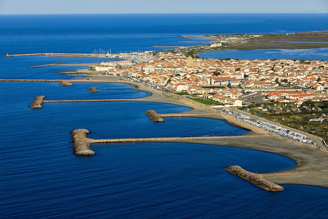 France, Bouches du Rhone, Camargue Regional Natural Park, Saintes Maries de la Mer (aerial view)