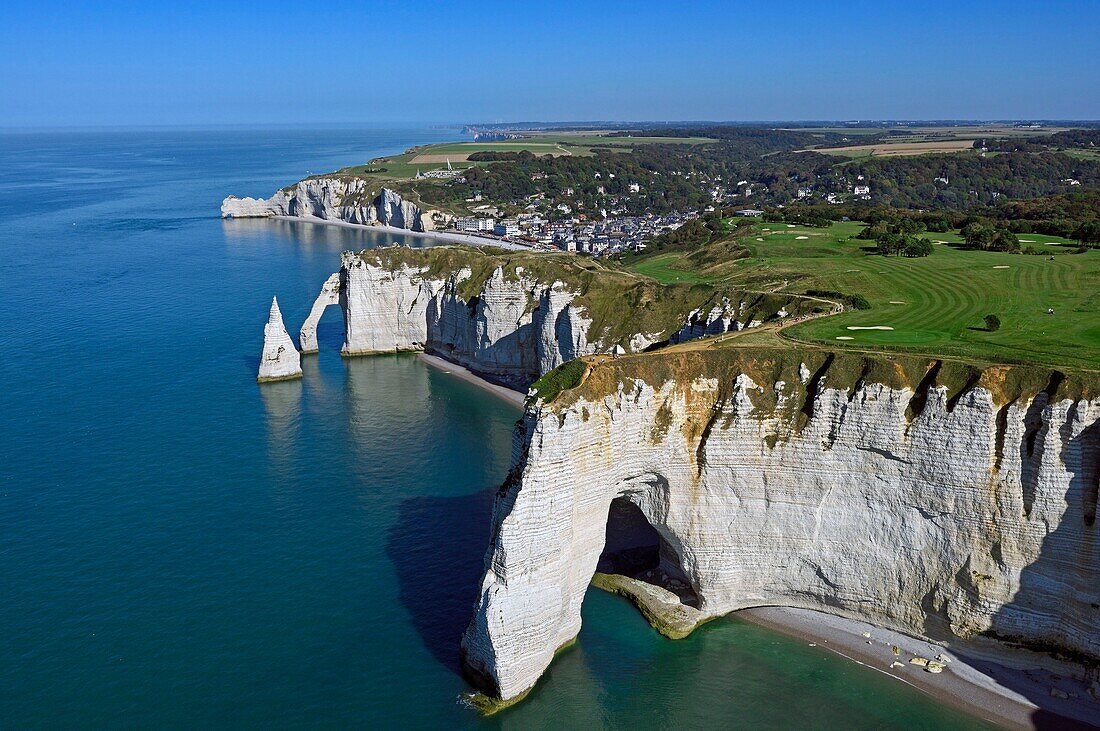 France, Seine Maritime, Etretat, the golf course and the cliffs (aerial view)
