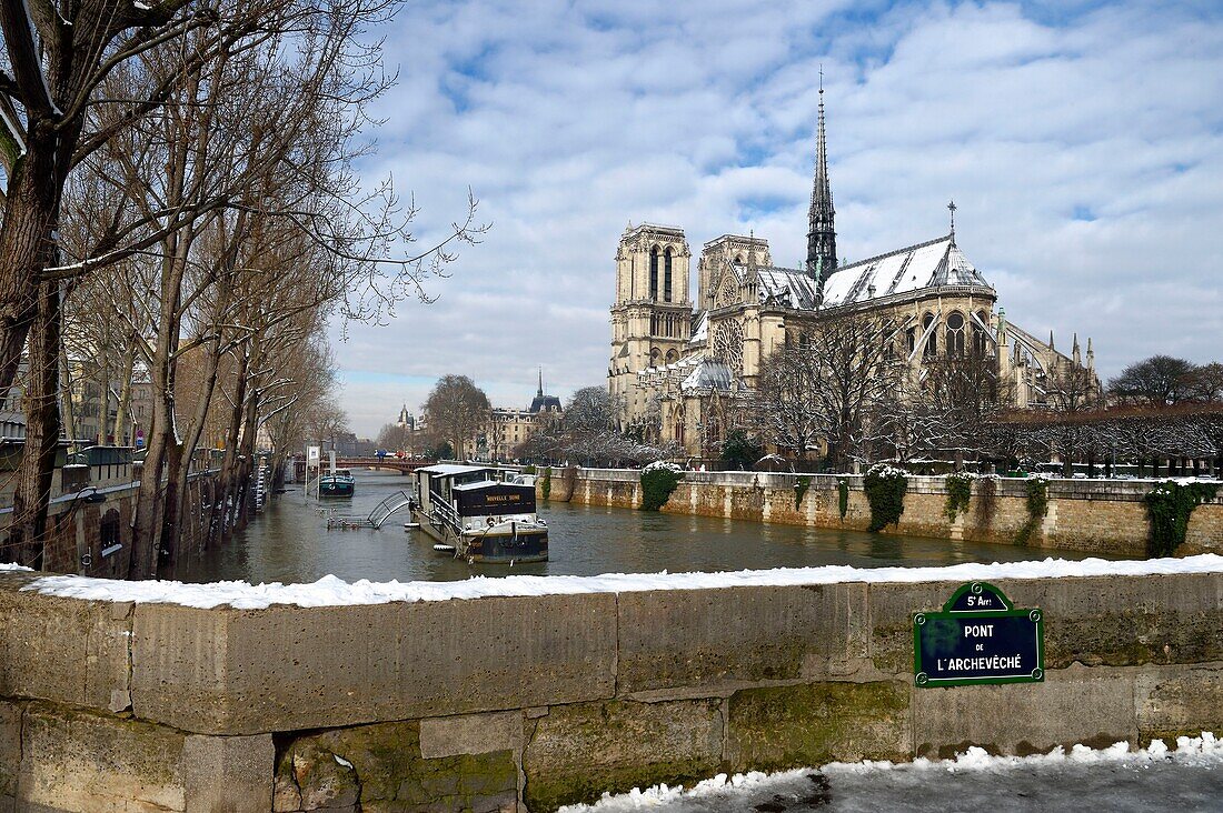 Frankreich, Paris, von der UNESCO als Weltkulturerbe eingestuftes Gebiet, die Ufer der Seine, die Seine bei Hochwasser und die Kathedrale Notre Dame unter dem Schnee auf der Ile de la Cité und der Quai de l'Archevêché von der Pont de l'Archevêché (Erzbischofsbrücke) aus gesehen