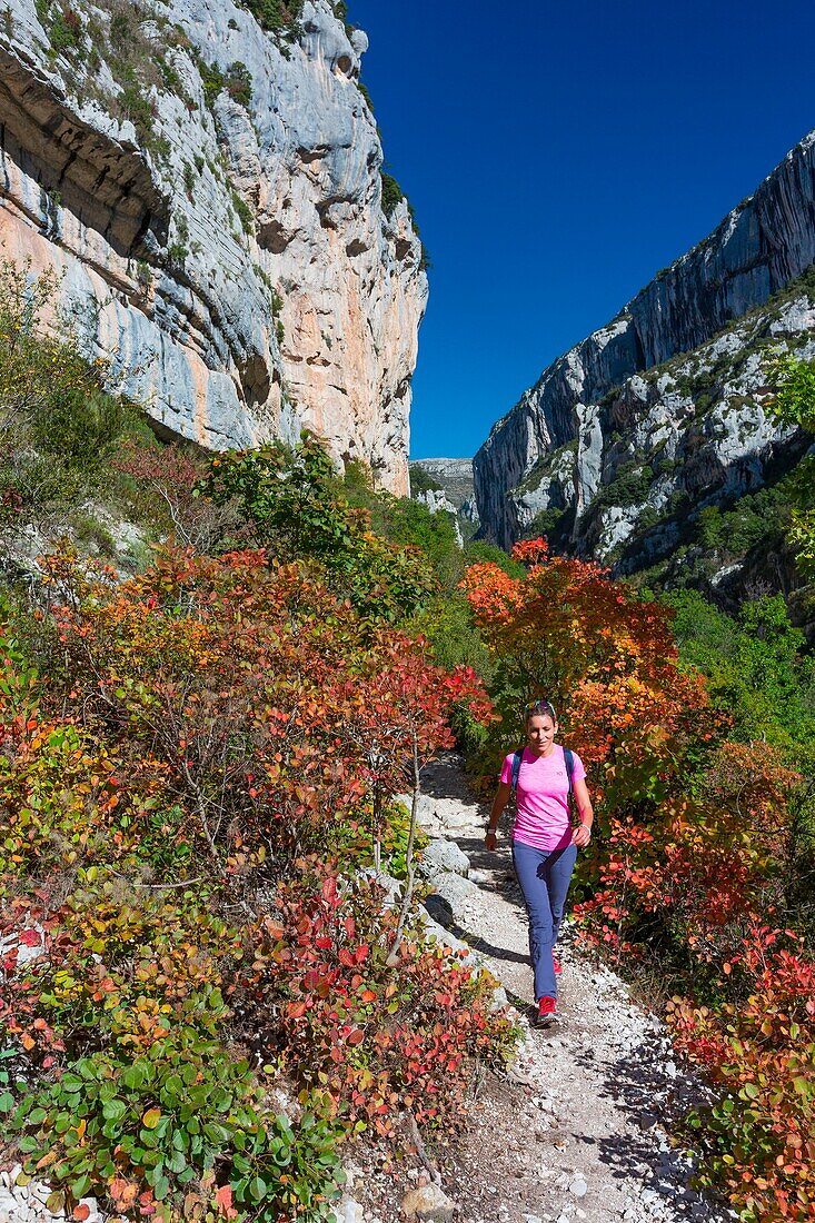 Frankreich, Alpes-de-Haute-Provence, Regionaler Naturpark Verdon, Grand Canyon du Verdon, der Fluss Verdon am Eingang zum Samson-Korridor, vom Weg Blanc-Martel auf dem GR4, Frau beim Wandern