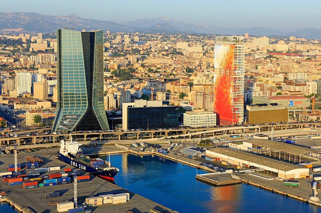 France, Bouches du Rhone, Marseille, 2nd district, Euroméditerranée area, Arenc district, Arenc basin, CMA CGM tower, architect Zaha Hadid and La Marseillaise tower, architect Jean Nouvel (aerial view)