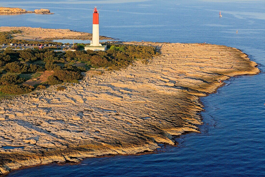 France, Bouches du Rhone, Martigues, La Couronne district, Pointe Riche and Cap Couronne lighthouse (aerial view)