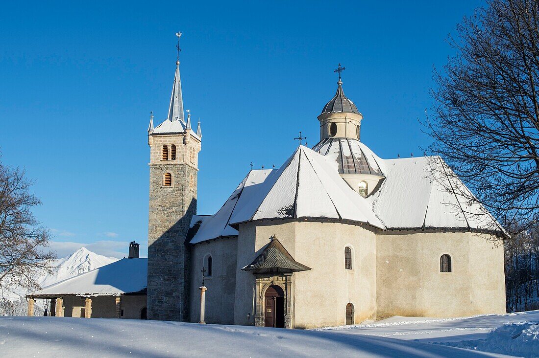 France, Savoie, ski area of the 3 valleys, Saint Martin de Belleville, chapel our lady of life restored in 2015