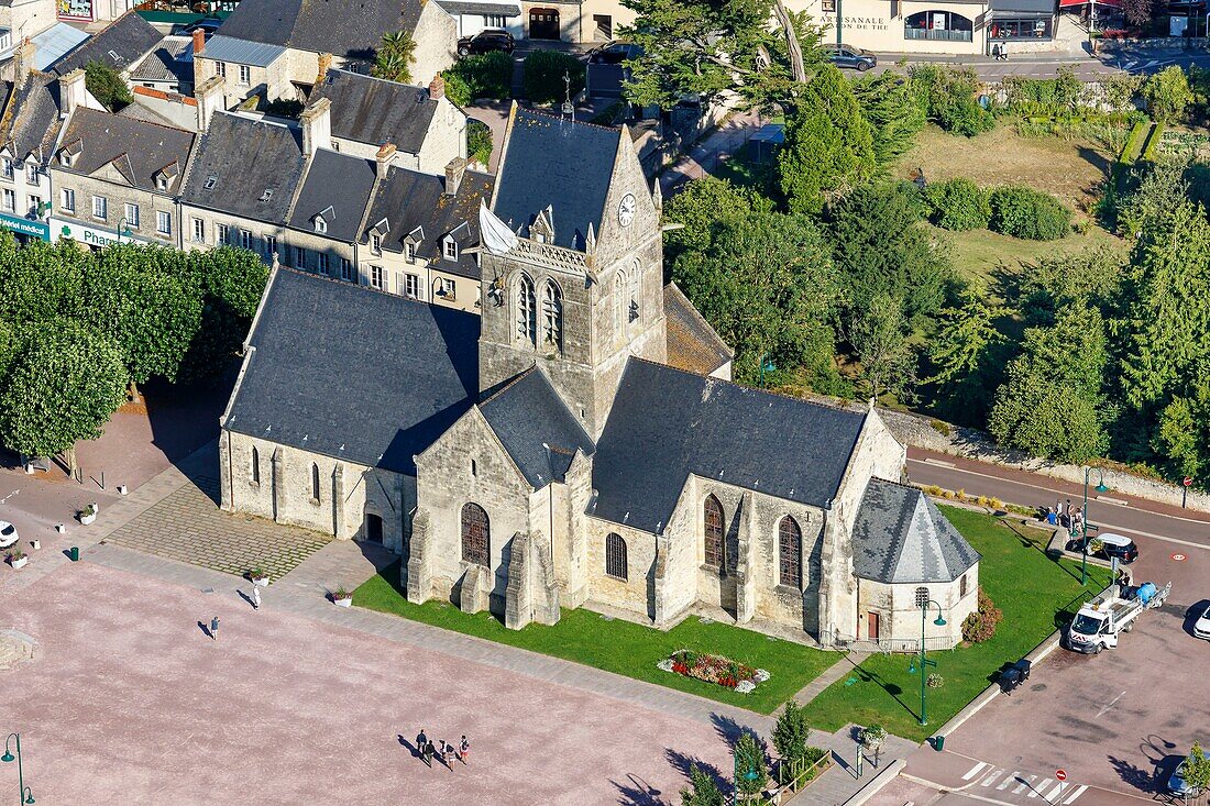 France, Manche, Ste Mere Eglise, the church (aerial view)