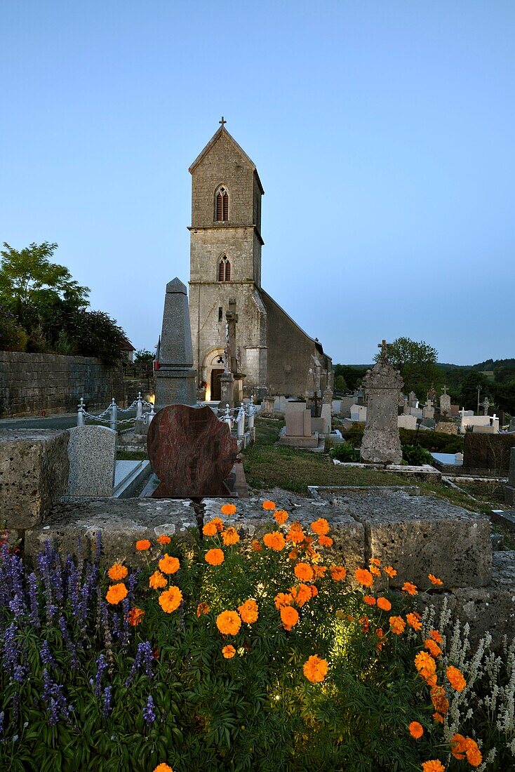 France, Territoire de Belfort, Saint Dizier l Eveque, Saint Dizier church dated 11th century, cemetery, summer evening illuminations