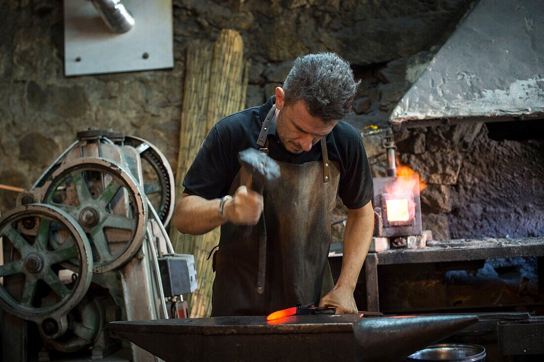 France, Corse du Sud, Alta Rocca, Levie, the cutler Olivier Moretti forges a knife on the anvil in the Lotus workshop
